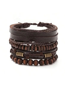 4pcs Vintage Style Layered Wood Beaded Bracelets For Men