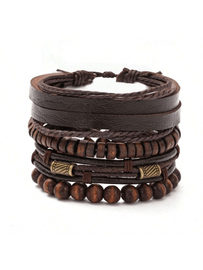 4pcs Vintage Style Layered Wood Beaded Bracelets For Men