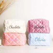 1pc Personalized Women's Name Travel Makeup Bag, Small Pink Bridesmaid Toiletry Pouch, Portable Zipper Closure, Checkered Organizer Bag For Vacation, Party, Travel, Personalized Handbag, Makeup Bag For Girls, Gift For Mom, Bestie, Bridesmaid, Secret Santa, Suitable For Birthday, Anniversary, Graduation, Back To School - Multicolor - View 5