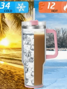 1PC Custom Stainless Steel Water Cup With Handle And Straw, Featuring 26 Letters And Floral Patterns, Ideal Travel Companion, Convenient To Carry, Suitable For Car Use, Pink Water Cup, Perfect Gift For Friends ,Sister,Family.
