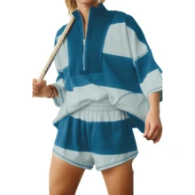 Antnation Womens Striped Two Piece Workout Set Oversized Quarter Zip Top Shorts With Pockets Outfit Tracksuit - Màu xanh lam - Xem 1