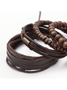 4pcs Vintage Style Layered Wood Beaded Bracelets For Men