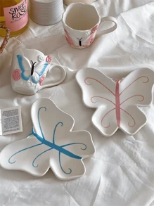 1 套手工 3D 蝴蝶与玫瑰陶瓷杯碟，法式蝴蝶玫瑰拿铁杯碟，复古下午茶甜品杯碟，适用于餐厅、客厅、咖啡厅、礼物 - 彩色 - 查看 7