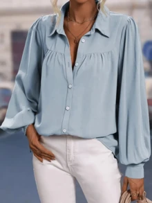 Camicia casual di moda da donna, con collo a bavero, maniche a lanterna, tinta unita, adatta per le vacanze primaverili - blu polveroso - Visualizzare 2