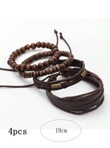 4pcs Vintage Style Layered Wood Beaded Bracelets For Men