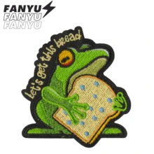来拿面包吧！绿色青蛙嬉皮朋克摇滚卡通冒险趣味酷炫缝纫贴花刺绣布贴 DIY 服装配饰用品熨烫贴纸布贴，适用于服装、裤子、鞋子、包包 - 彩色 - 查看 2