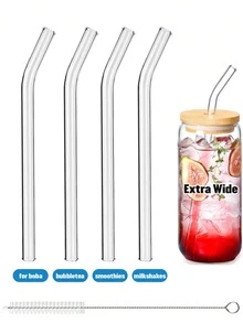 4pcs Glass Boba Straws Reusable, 14mm Extra Wide Glass Straws Shatter Resistant Clear Jumbo For Drinking Bubble Tea, Milkshakes And Smoothies, Straight And Bent With Cleaning Brushes - Clear - View 11