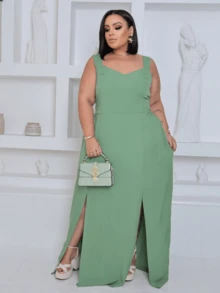 Women's Plus Size Long Tank Dress Christian Fashion With Slits Premium Fabric Casual Blogger - 薄荷綠 - 查看 4