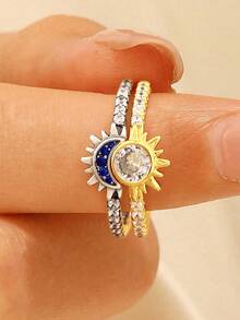 2 Stücke S925 Sterling Silber modischer zierlicher Sonne und Mond Zirkonia Set Ring, geeignet für täglichen Damengebrauch, Premium-Feeling, Paar-Ring, Valentinstags Geschenk, hochwertiges Schmuckgeschenk - Sonne, Halbmond, Untergang - Übersicht 1