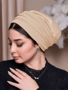 纯色简约针织头巾帽，适合女士 - 时尚棕色无檐便帽，非常适合休闲穿着，多种佩戴方式，时尚优雅，方便头巾 - 淺米色 - 查看 2