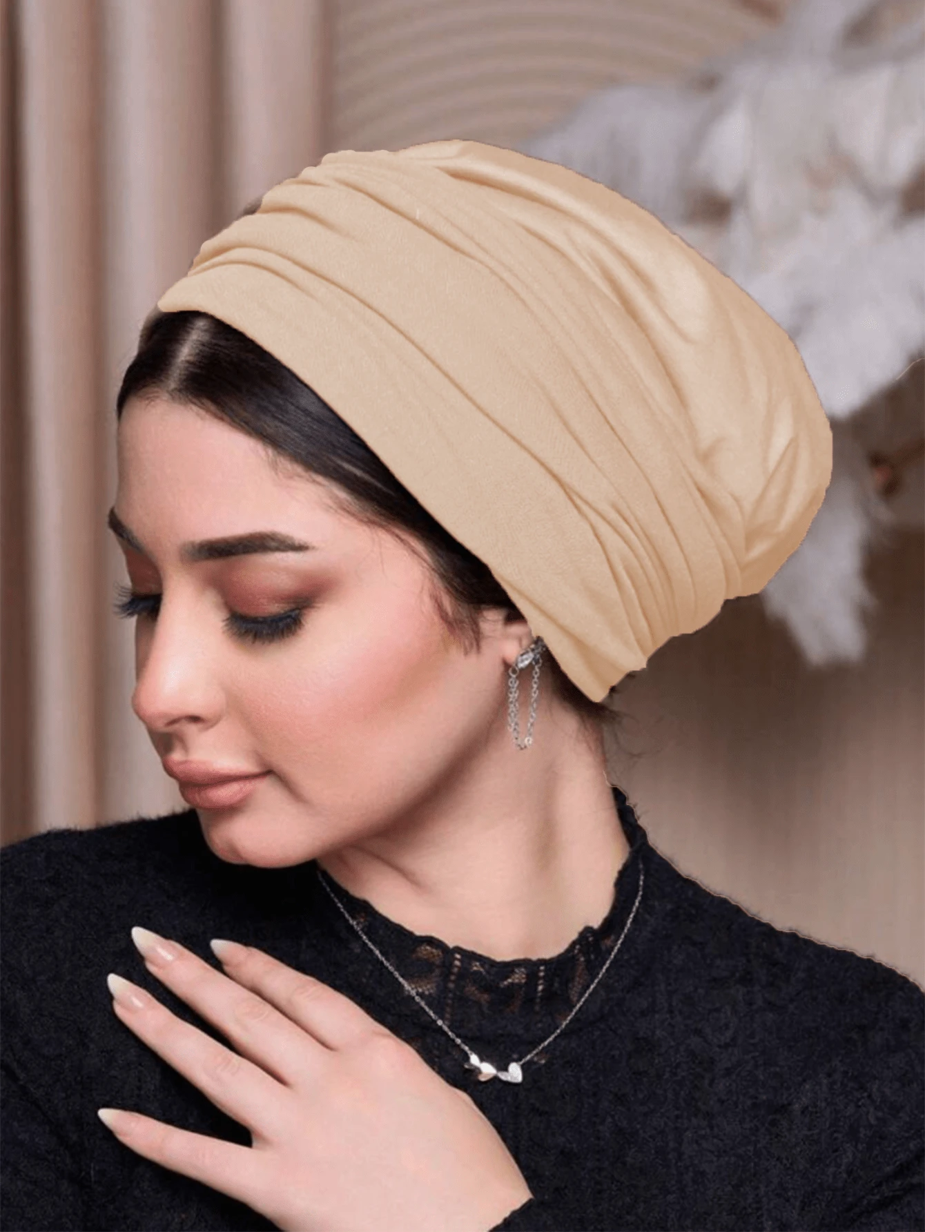 纯色简约针织头巾帽，适合女士 - 时尚棕色无檐便帽，非常适合休闲穿着，多种佩戴方式，时尚优雅，方便头巾