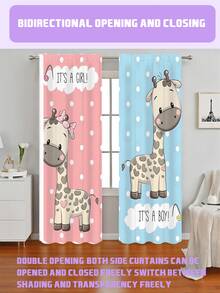 2PCSTwo Cartoon Giraffe Themed Curtains With Pink Curtains. Giraffes Wearing Pink Bows Paired With Blue Curtains. Giraffes With The Caption "IT'S A BOY!" Are Perfect For Giving GiftsPolyester Curtains For Kids Room - Soft Fabric & Easy To Clean - Multicolor - View 2