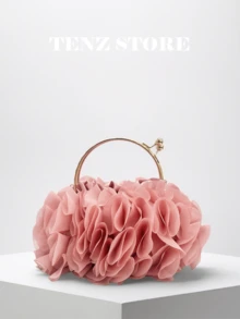 女士优雅花卉褶皱缎面晚宴手拿包 - 时尚雪纺花瓣手提包，配链条肩带，完美适用于新娘、婚礼、舞会、伴娘、毕业派对、春季晚宴、鸡尾酒会和特殊场合（图案随机） - 珊瑚粉 - 查看 10