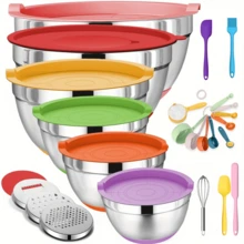 TAIMASI Mixing Bowls With Airtight Lids Set, 26PCS Stainless Steel Khaki Bowls With Grater Attachments, Non-Slip Bottoms & Kitchen Gadgets Set, Size 7, 4, 2.5, 2.0,1.5, 1QT, Great For Mixing & Serving - 彩色 - 查看 9