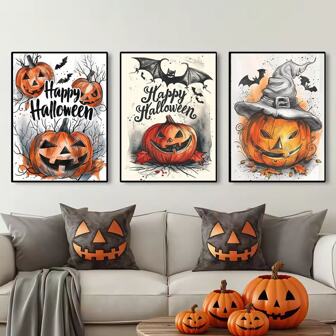 1/3 piezas Decoración de pared vintage de Halloween, castillo de otoño, calabazas, bosque de árboles, mágico anaranjado gris y negro, pósteres decorativos para sala de estar y dormitorio, con opción de marco