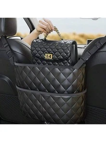 时尚PU皮革汽车收纳袋，多功能汽车座椅靠背储物袋，挂袋，纸巾盒收纳袋，汽车内饰配件，汽车座椅缝隙储物网，多口袋汽车收纳袋，汽车收纳整理袋，时尚简约风格黑色绗缝图案3D镂空设计，多隔层网袋，可收纳纸巾、手机、手提包等物品。 - 彩色 - 查看 3