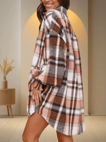 Womens Oversized Flannel Plaid Shirts Jacket Ballon Sleeve Button Down Shacket Coats