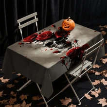 1/20 pieza Mantel con temática de Halloween - Calavera y patrón floral elegante, mantel rectangular de tela de poliéster para uso en interiores/exteriores, decoración de fiestas, almuerzos, cenas, decoración de fiesta de Halloween.
