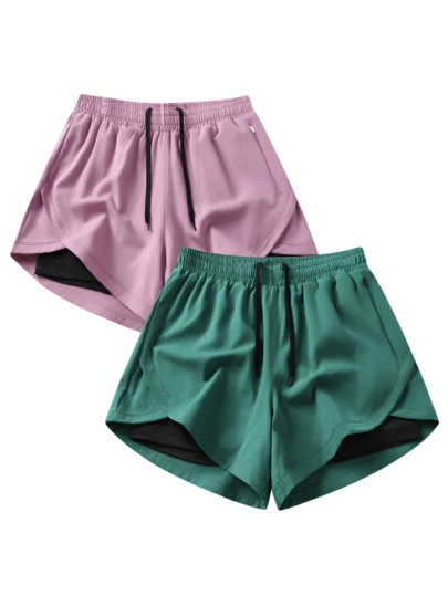 2pcs/Set (2-In-1) Women's Athletic Shorts | Quick-Dry Polyester & Spandex Blend | Breathable, Lightweight | Adjustable Drawstring Waistband | Suitable For Fitness & Casual Wear | Machine Washable | Multi-Season Comfortable, Active Lifestyle Apparel | Functional Design Shorts | Adjustable Comfortable Shorts | Gym, Yoga, Running Pants