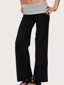 Lounge Wide Leg Sweatpants For Women Fold Over Low Waist Yoga Sweatpants Back To School Clothes Flare Leggings Bell Bottoms Y2K Foldover Pants - 黑色 - 查看 4
