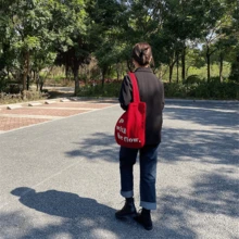 Pastel Pink Holiday Gift Tote Bag With Red Printed Text, Casual Large Capacity Shoulder Tote Canvas Bag, Suitable For Graduates, Teenagers, College Students, Vacation, Beach, Handbag - Red - View 5