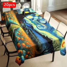 1/20pcs Halloween Tablecloth, Abstract Retro Pumpkin Pattern Tablecloth, Suitable For Halloween Party Decoration Tablecloth, Carnival Kitchen Table Decoration, Gift, Holiday Decoration, Room Decoration, Halloween Decoration