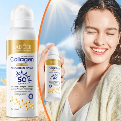 Protector solar en spray SPF50 PA+++ con colágeno, antiarrugas y blanqueador, ligero y no grasoso, hidratante y resistente al agua, ideal para viajes, campamentos, senderismo, montañismo, actividades al aire libre, playa, cuidado de la piel en verano, regalo para mujeres y niñas