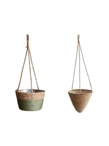 1pc/2pcs Woven Hanging Basket Flower Pot For Plants, Handmade Rattan Planter For Ivy
