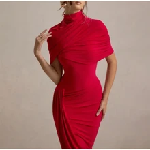 Vestido midi elegante de mujer con cuello alto, espalda descubierta y plisados, en estilo sólido, para fiestas y eventos, de verano 2025