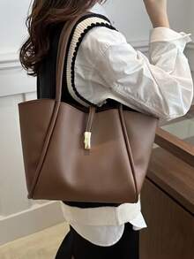 全新时尚纯色奢华感百搭女士单肩托特包 - 咖啡 - 查看 5