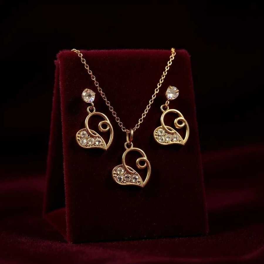 Elegant Women's Gold Plated Heart Necklace + Earring Kit - 心 - 查看 1
