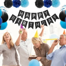 藍色與黑色生日派對裝飾，生日裝飾，生日派對裝飾，藍色氣球，生日快樂橫幅，適合男性的生日快樂派對裝飾，適用於萬聖節、退伍軍人節、感恩節、聖誕節 - 藍黑派對套 - 查看 9
