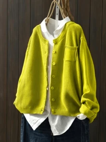 Women's Casual Plus Size Long Sleeve Cardigan With Side Pockets, Autumn/Winter - Matcha Green - View 2