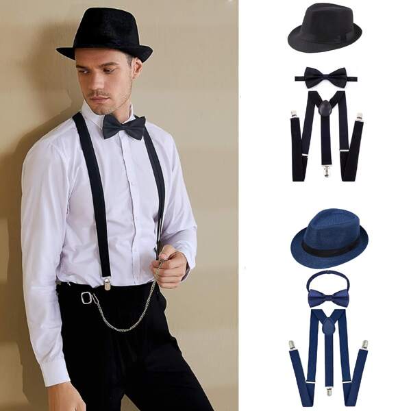 Conjunto de 3 piezas para disfraz de hombre de los años 20 para fiesta/baile/Navidad/Halloween: tirantes, sombrero, corbata de moño