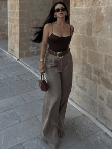 HZXVIC 女士新款高腰纯色腰带缎面纹理休闲阔腿裤，办公室 - 卡其色 - 查看 8