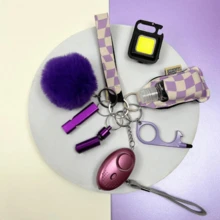 All Glam Multi Moo 9 Piece UK Legal Keychain Set With Panic Alarm, Torch, Whistle, Pom Pom, Wristlet, Pill Box, Sanitiser Pouch, And 3 In 1 Keychain Light - Strawberry Dream - View 4