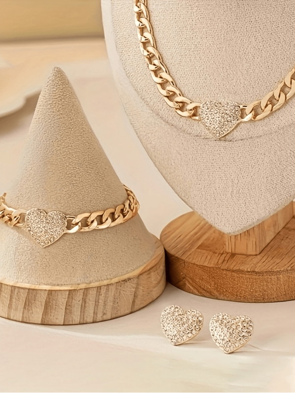 Thick Chain Crystal Heart Necklace Bracelet Earrings Jewelry Set