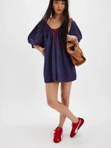 Women Short Dress Crew Neck Puffy Sleeve Drawstring Polka Dot Print A-Line Mini Dress Dailywear - Blue - View 2