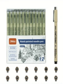 12 支超细微米墨水专业品质针笔，漫画风格多色灵活笔尖绘图套件 - 办公室学校旅行必备，畅销美术用品套装。