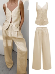 2025 Autumn Women's Understated Luxury Outfit: Inspired By Soft Pink - Sleeveless Cardigan Shirt And Wide-Leg Pants, Breathable Business Casual Linen Blend Fabric, Suitable For Holidays, Brunch, Office Style, Cruise Vacations, And An Ideal Choice For Teachers - Apricot - View 2