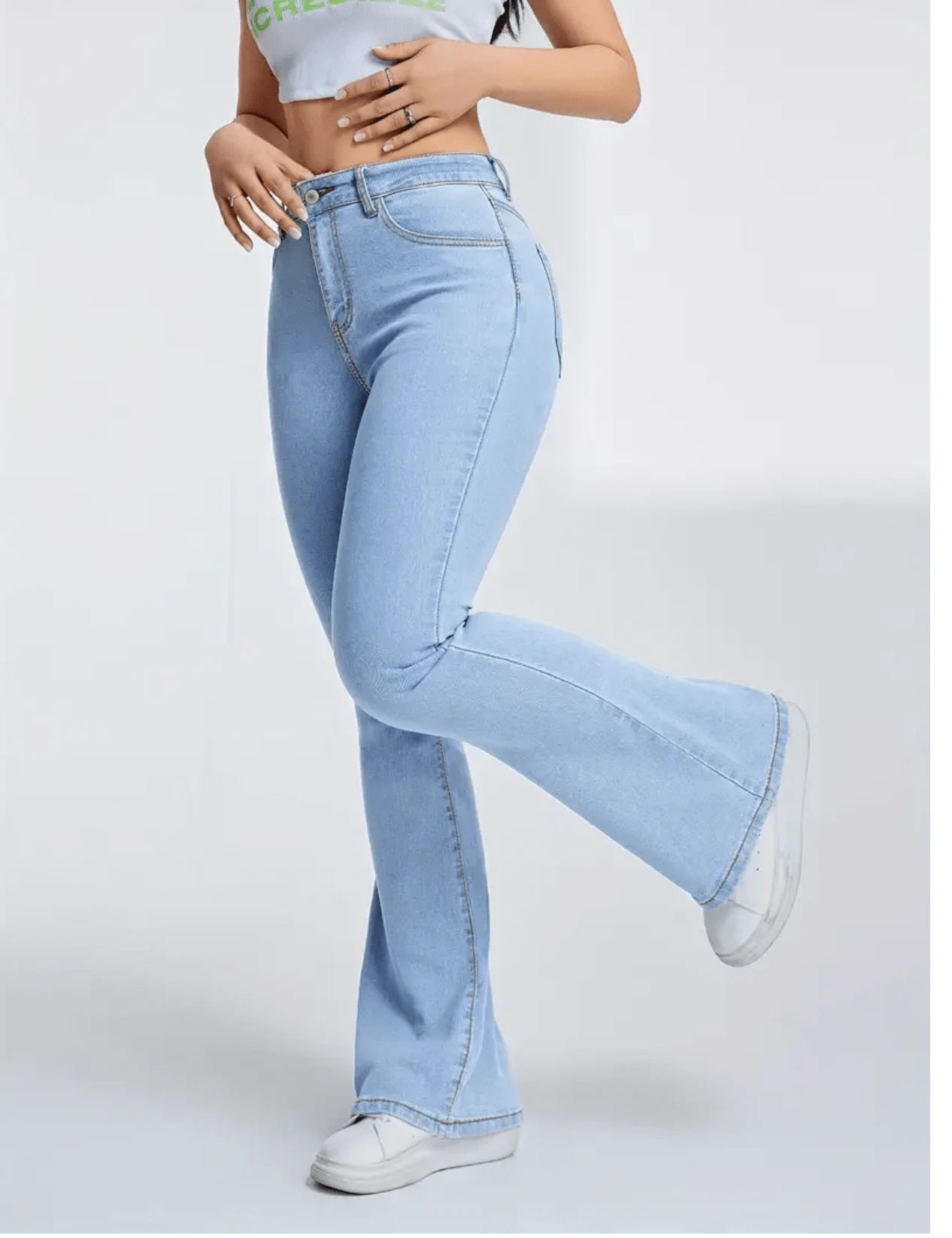 Women's Flare Bell Bottom Pants Blue Delave Body Shaping Line - 淺色水洗藍 - 查看 1