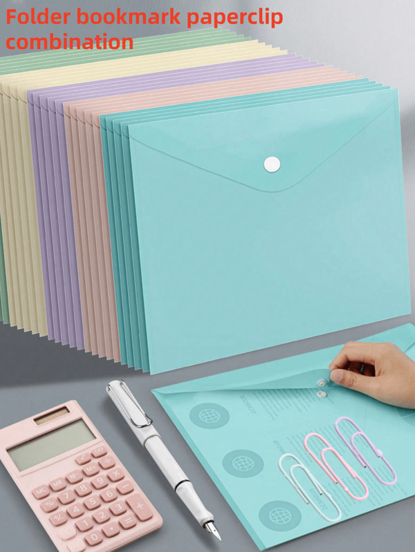 20 unidades de sacos grossos para documentos em formato de macaron, pastas A4 à prova d'água com botões, adequadas para material de escritório, armazenamento de arquivos para estudantes, presentes de volta às aulas, materiais didáticos (cor aleatória)