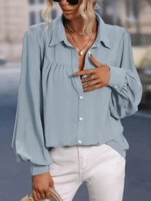 Camicia casual di moda da donna, con collo a bavero, maniche a lanterna, tinta unita, adatta per le vacanze primaverili - blu polveroso - Visualizzare 4