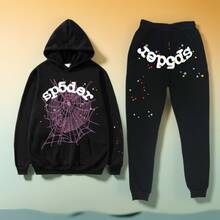 Spider Web Fashion Hip-Hop Printed Flower Hoodie, European And American  Brand Large-Sized Loose Men's And Women's Hooded Sweatshirt Set - 黑色 - 查看 1