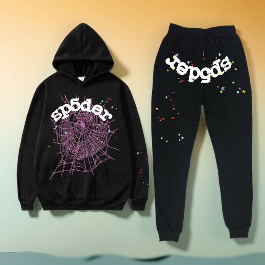 Spider Web Fashion Hip-Hop Printed Flower Hoodie, European And American  Brand Large-Sized Loose Men's And Women's Hooded Sweatshirt Set - 黑色 - 查看 1