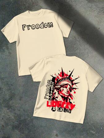 Creative Statue Of Liberty Graphic 100% Cotton 220g Double - Sided Printed T-Shirt, Ideal For Patriotic Themed Gatherings