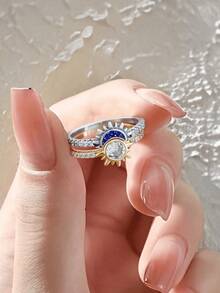 2 Stücke S925 Sterling Silber modischer zierlicher Sonne und Mond Zirkonia Set Ring, geeignet für täglichen Damengebrauch, Premium-Feeling, Paar-Ring, Valentinstags Geschenk, hochwertiges Schmuckgeschenk - Sonne, Halbmond, Untergang - Übersicht 2