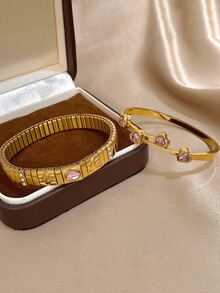 Bộ vòng tay hình trái tim lãng mạn bằng thép không gỉ mạ vàng 18K, đính đá Cubic Zirconia màu hồng, phù hợp cho nữ, có thể dùng làm quà tặng Ngày của Mẹ, Ngày Nhà giáo, phụ kiện du lịch biển mùa hè, phụ kiện phong cách Bohemian, phụ kiện dự tiệc/dạ hội/hàng ngày, quà tặng tựu trường, quà sinh nhật, quà tặng phù dâu và quà Giáng sinh. - Nhiều màu - Xem 4