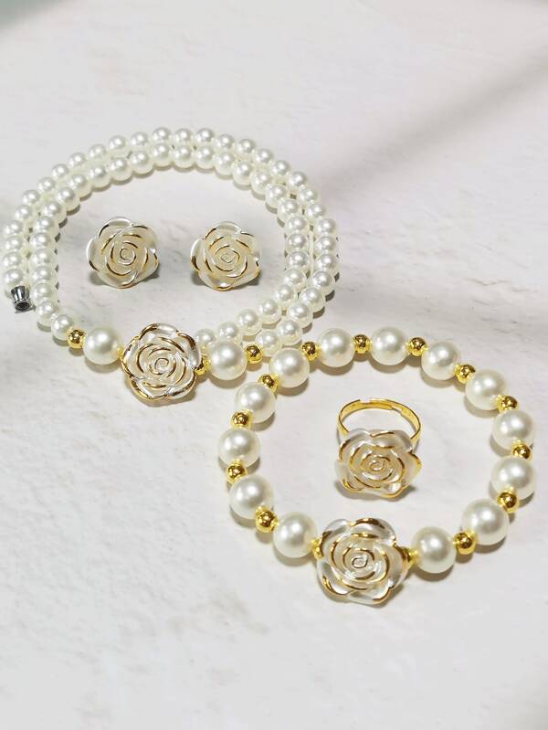 5pcs/Set Women Fashion Jewelry Set, 1pc Necklace, 1pc Bracelet, 1pc Adjustable Ring, 1 Pair Earrings, Classic Retro Palace Style Jewelry Pieces For Formal Events