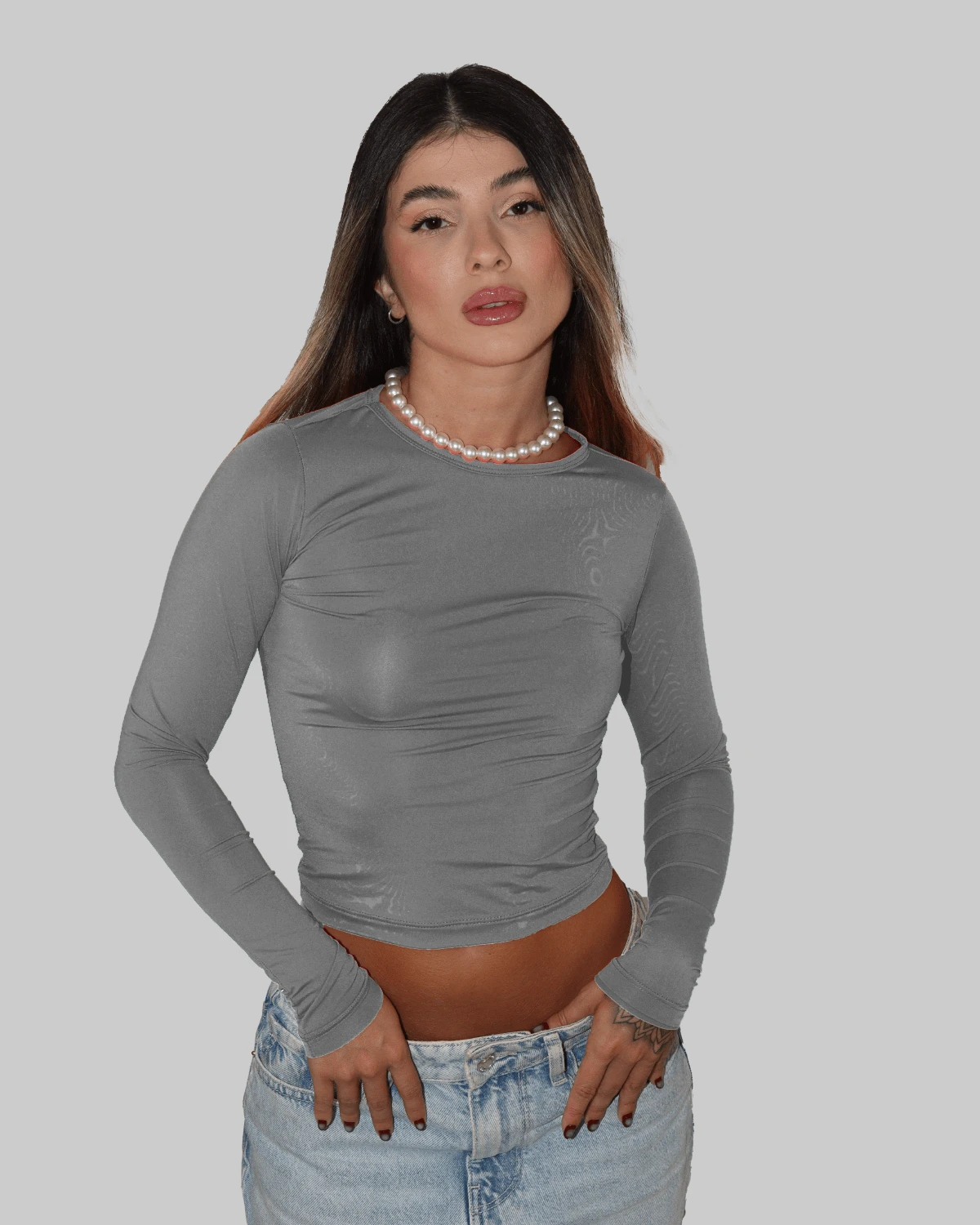 BASIC BLOUSE SECOND SKIN LONG SLEEVE COLD ROUND NECK ELEGANT CASUAL AITONA - 淺灰色 - 查看 1